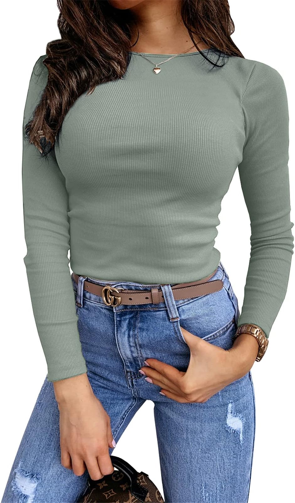 Lynwitkui Womens Long Sleeve Fitted Shirts Ribbed Knit Slim Tight Fit Basic Tees Fall Going Out Tops