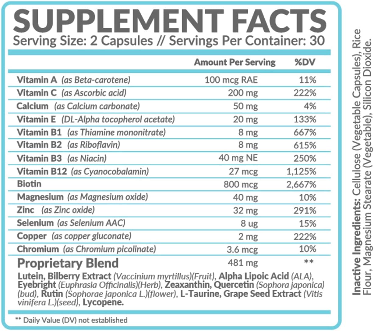 Eye Formula Vision Support - 60 Eye Vitamin Capsules - Daily Eye Vitamins with Lutein & Zeaxanthin - All-in-One Eye Health Supplement w/ Vitamin A, Vitamin E, Zinc, Calcium & More for Optimum Eye Care
