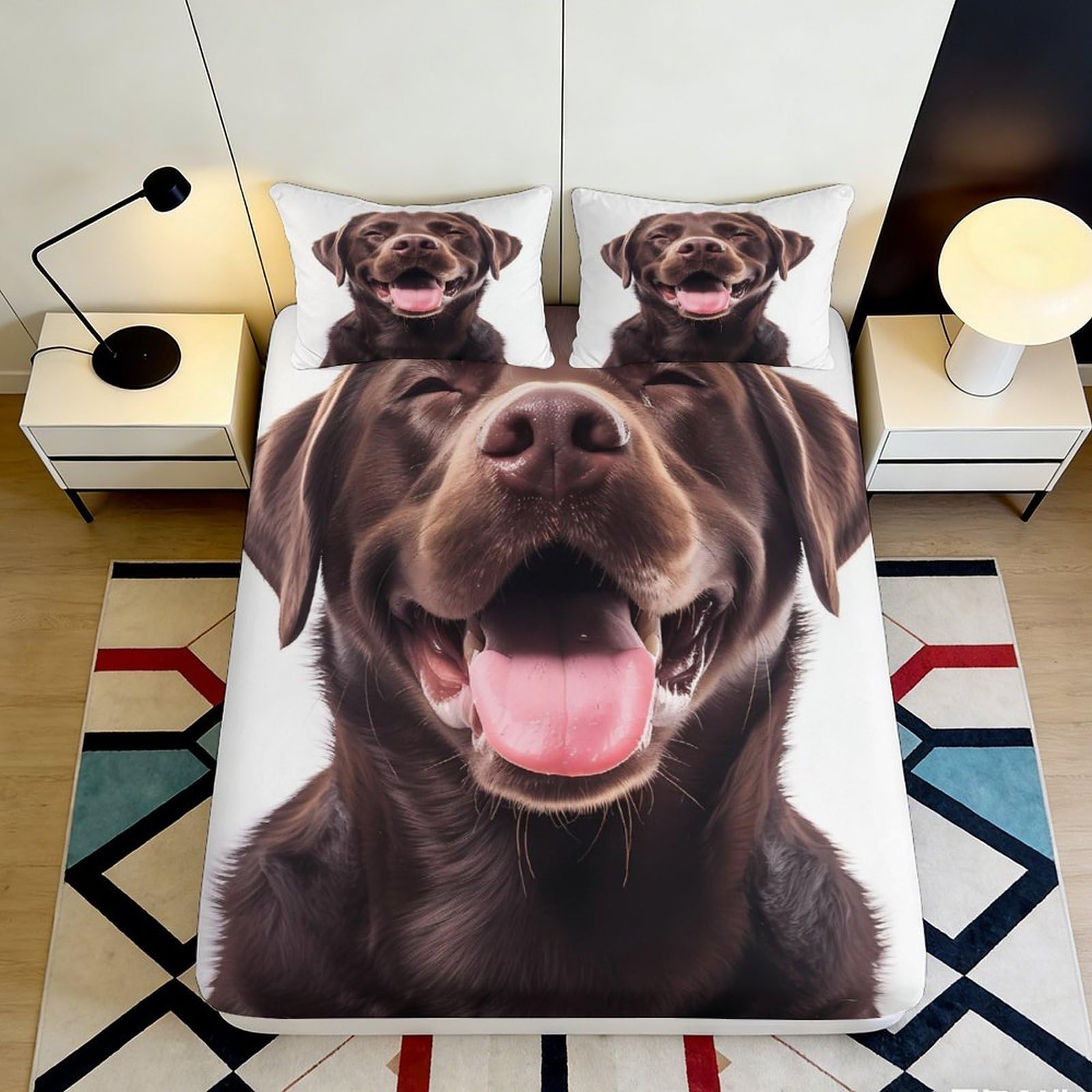 3D Printed Brown Labrador Dog Fitted Sheet Microfiber Soft Breathable Smiling Puppy Bed Cover for Bedroom Guest Room Decor 120x200x25cm