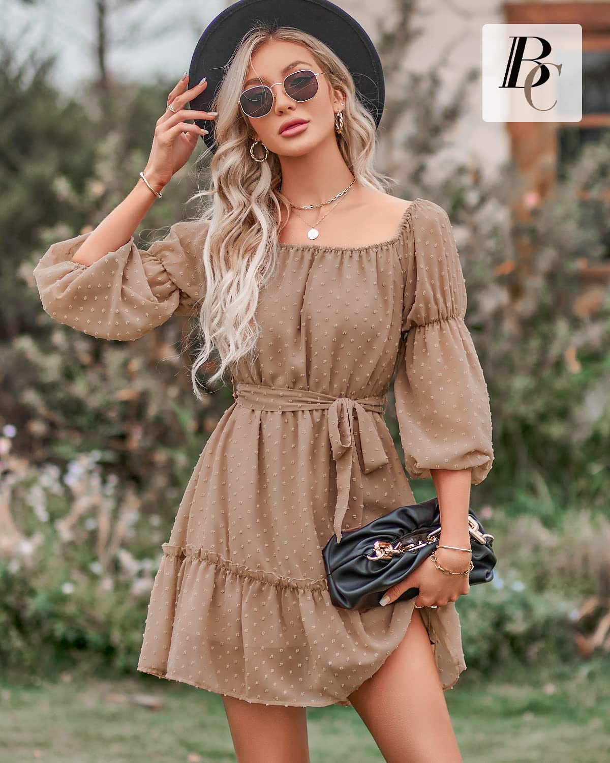 BebreezChic Robe Femme Mini Fluide à Pois Suisses Manches Longues Ceinturé Casual Soirée Cocktail Robe Elégante
