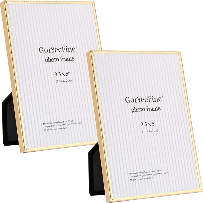 3.5x5 inch Gold Metal Picture Frames 2-Pack,Thin Edge Beading Minimalist Design Photo Frames 5x3.5'' with HD-Tempered Glass -Velvet Back,Tabletop & Wall Mount Frames