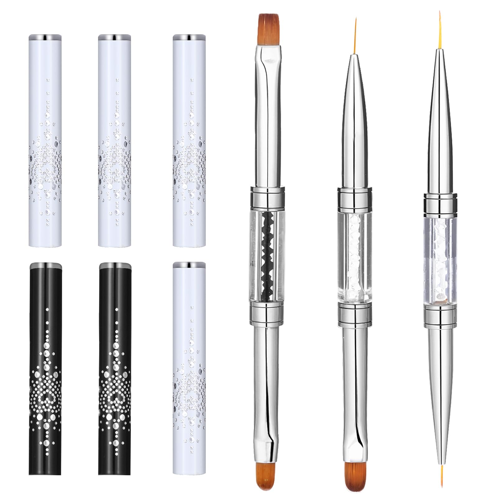 KFHENSOMR Hard Gel Nail Brush, 3pcs Rhinestone Handle Nail Brushes, Double Ended Nails Builder Gel Brush, French Tip Nails Gels Liner Brushes for Professional Fingernails Art (Black, White)