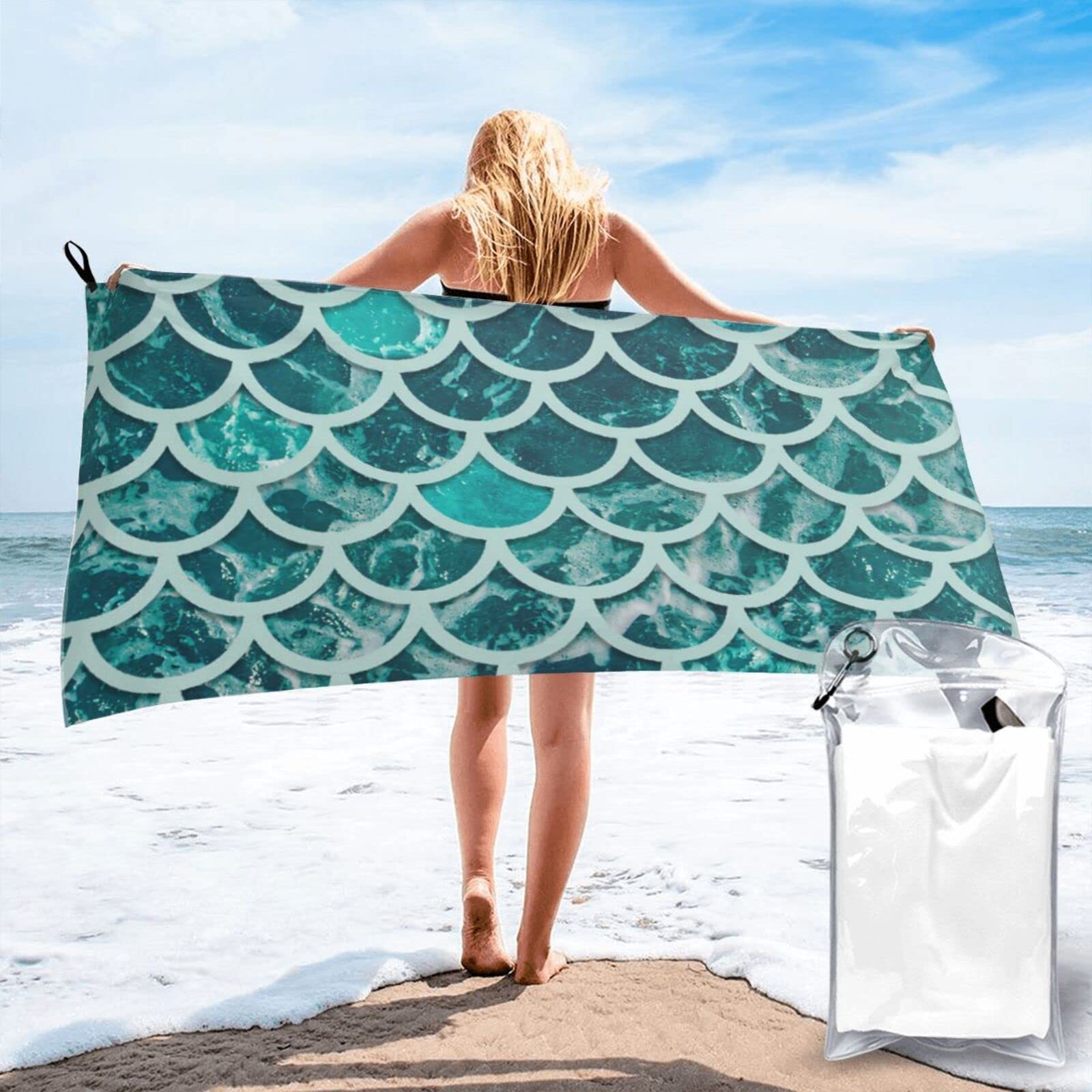 Lawenp Ocean Scales Microfiber Beach Towel Adults Large Quick Drying Bath Towel Travel Towels with Pouch 31.5"x63"