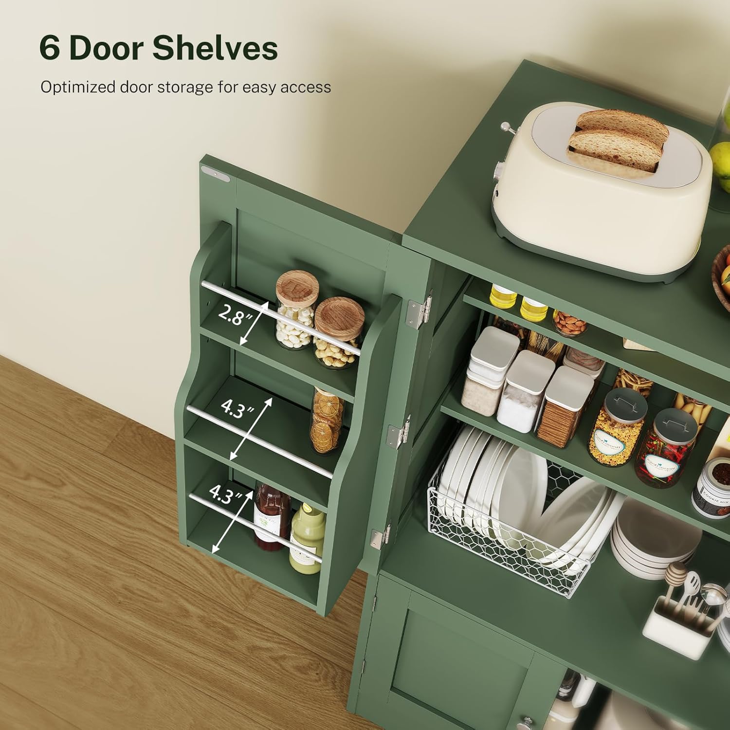 TEENFON 43" H Storage Cabinet with 4 Doors, Kitchen Cabinet with 6 Door Shelves, Kitchen Pantry Cabinets for Living Room, Dining Room, Bathroom, Forest Green