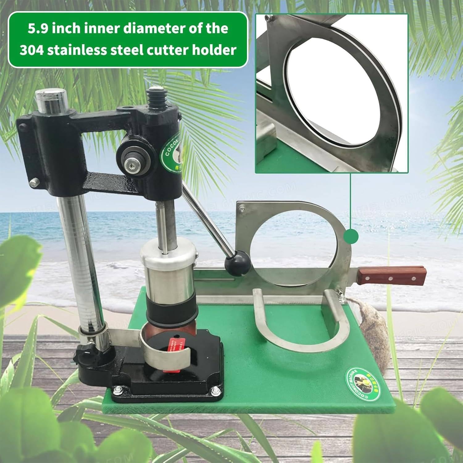 Attrezzo Apri Cocco, Macchina Manuale per Forare Noci di Cocco, Foro di Apertura di 6cm di Diametro, Acciaio Inossidabile 304 + Base in Ghisa, per Uso Commerciale e Domestico Single Handle