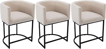 VESCASA 24" H Counter Height Bar Stools with Barrel Back and Arms, 4.5" H Upholstered Seat Cushion Linen Modern Kitchen Island Chairs with Black Metal Frame for Kitchen Island, Set of 3, Cream