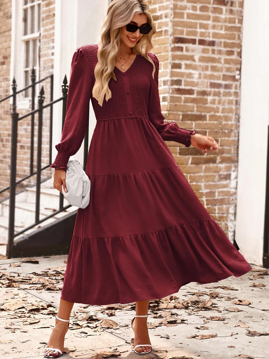 Kate Kasin Womens Long Sleeve Mixi Dress, Smocked Work Dress with Pockets, Elegant Fall Dresses 2025 - Image 4