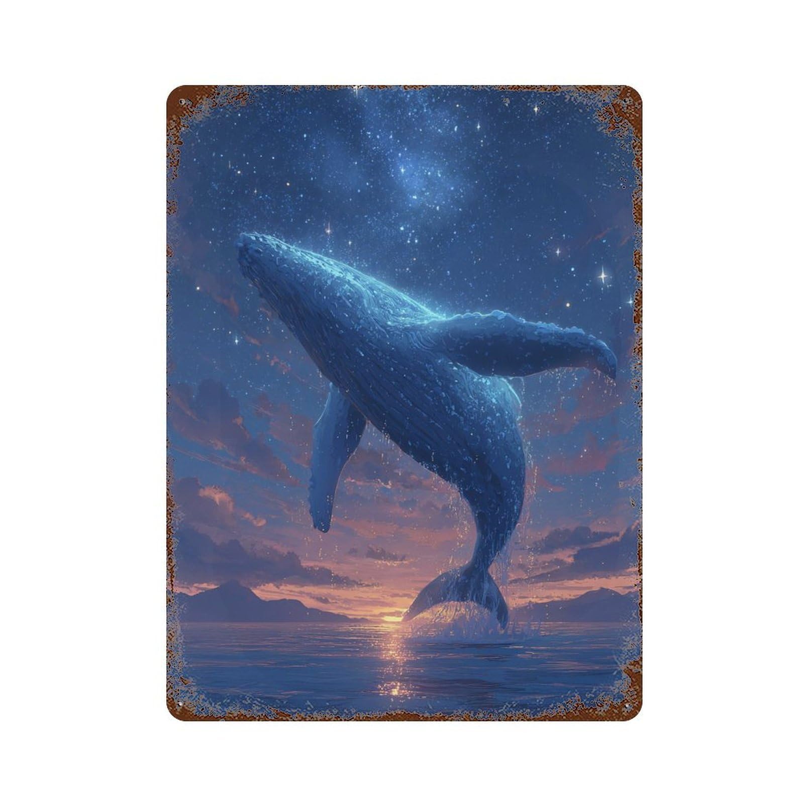Distressed Metal Wall Sign with Whale Breaching at Sunset Design 15.7"x11.8", for Garage, Bar And Workshop Decor, Vintage Wall Decor