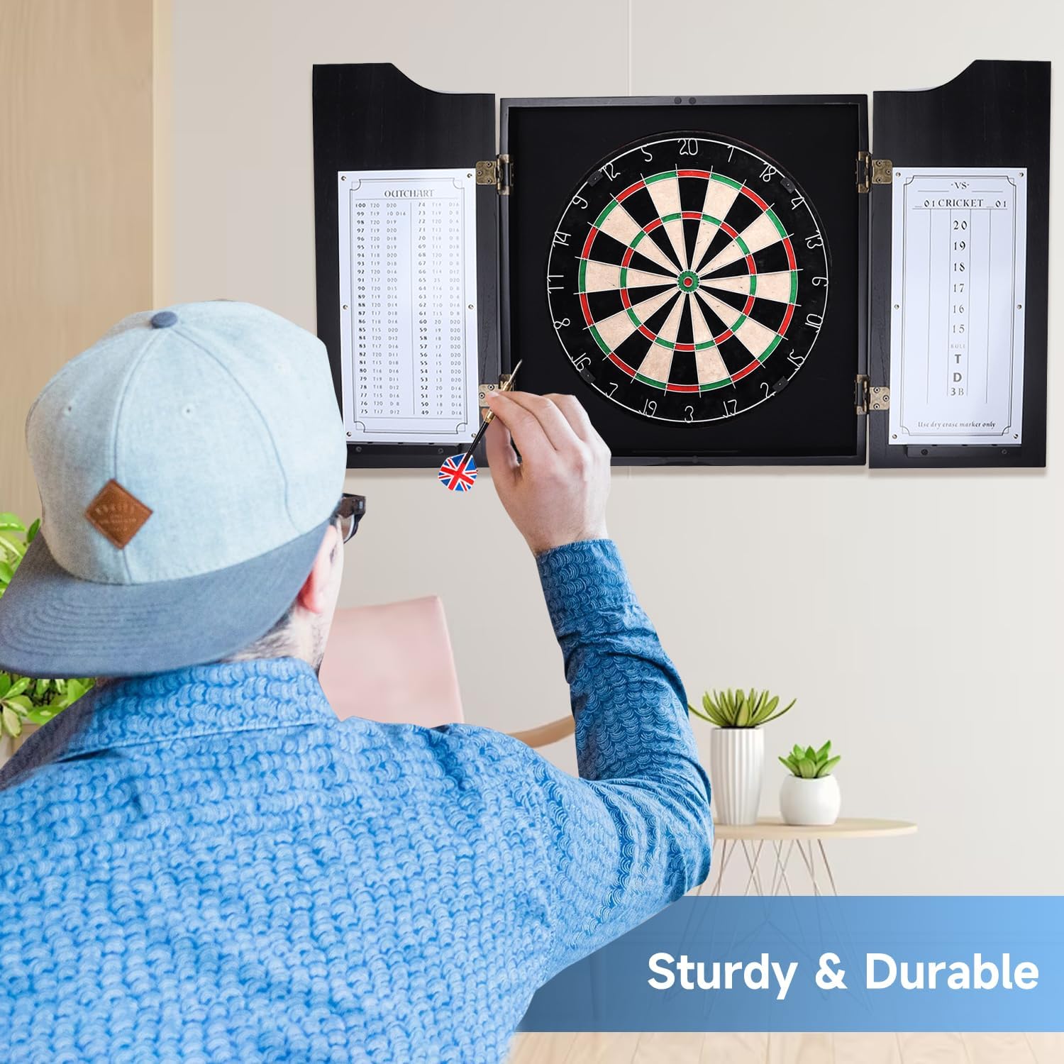 GSE Games & Sports Expert Professional Solid Wood Classic Dartboard Cabinet with Sisal/Bristle Dartboard, Scoreboard, and 6 Steel Tip Darts, Easy Assembly Complete with All Accessories (Black)