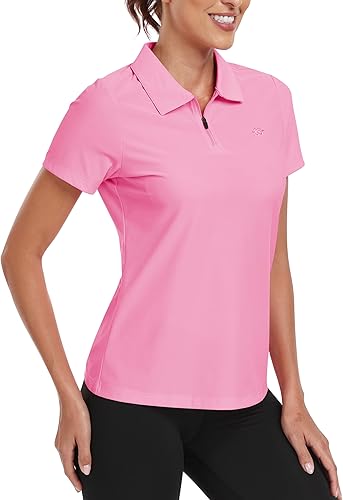 MoFiz Polo de golf para mujer, manga corta, UPF 50+, cuello con cremallera de 14, camiseta deportiva ligera de secado rápido