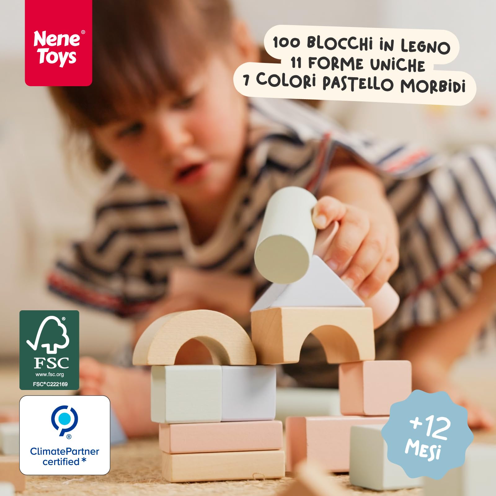 Nene Toys Blocchi di Costruzione in Legno 100 Pezzi – Blocchi Pastello in Legno FSC per Bambini da 1 Anno – Gioco Montessori di Impilamento & Ordinamento – Idea Regalo 1 2 3 Anni Bimbo Bambina