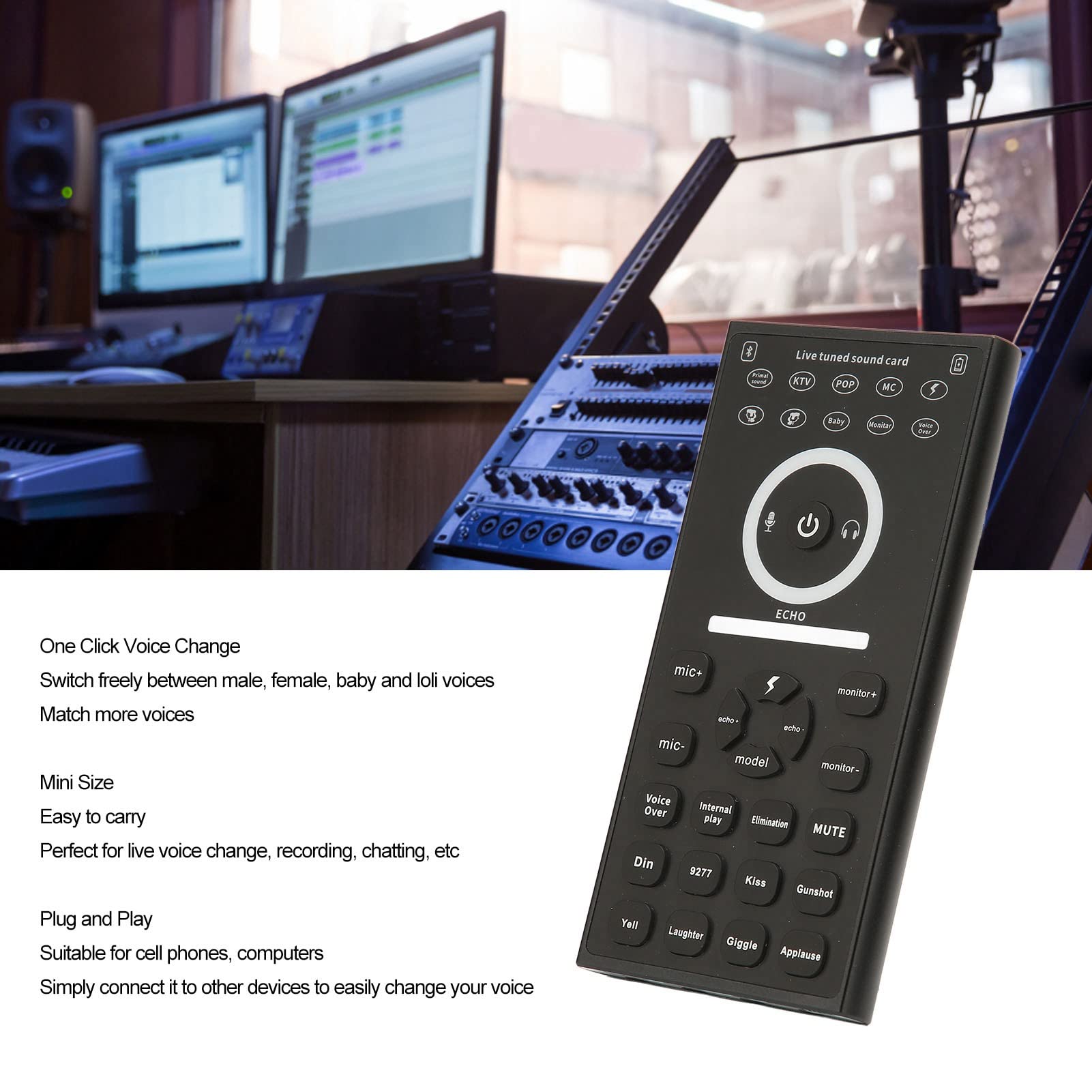 Voice Changer Disguiser, Handheld Mini Sound Changer Device, for Phone PC Computer, Multi Sound Effects Gaming Live Sound Card, Plug and Play