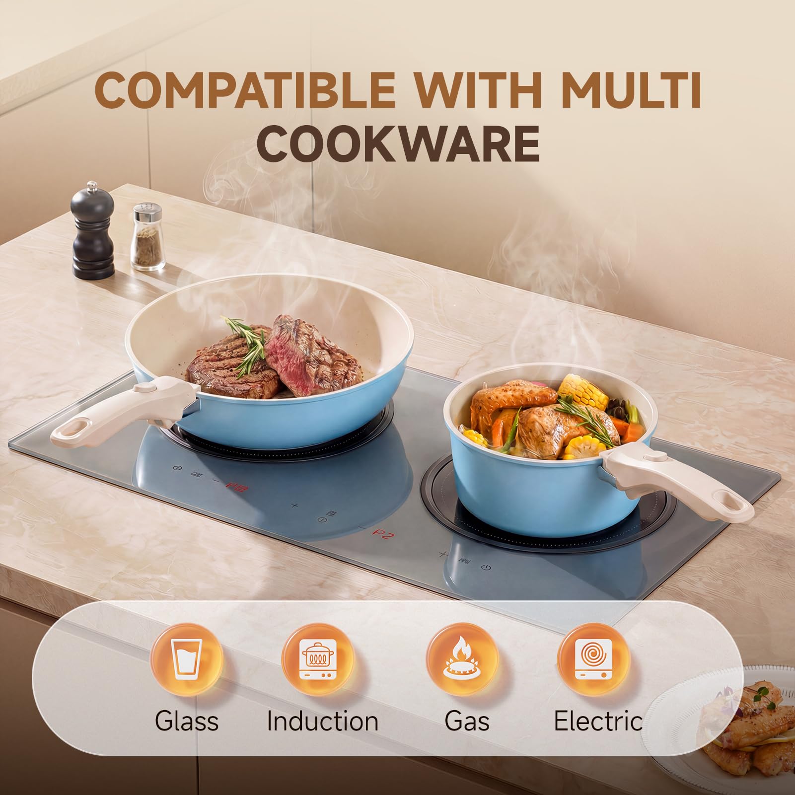 Warmiehomy Set di pentole e padelle antiaderenti da 17 pezzi, con coperchio, manico rimovibile, set di piani cottura a induzione in alluminio, per camper, forno e forno, blu