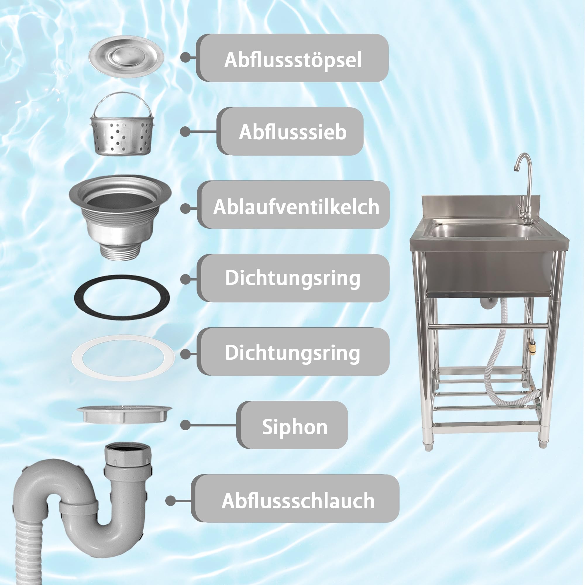 Lemodo Spültisch freistehend – Edelstahl Spültisch mit Wasserhahn, Gartenschlauch-Anschluss, mobiler Spültisch für Outdoorküche, Gastro und Camping, freistehende Küchenspüle mit Ablage