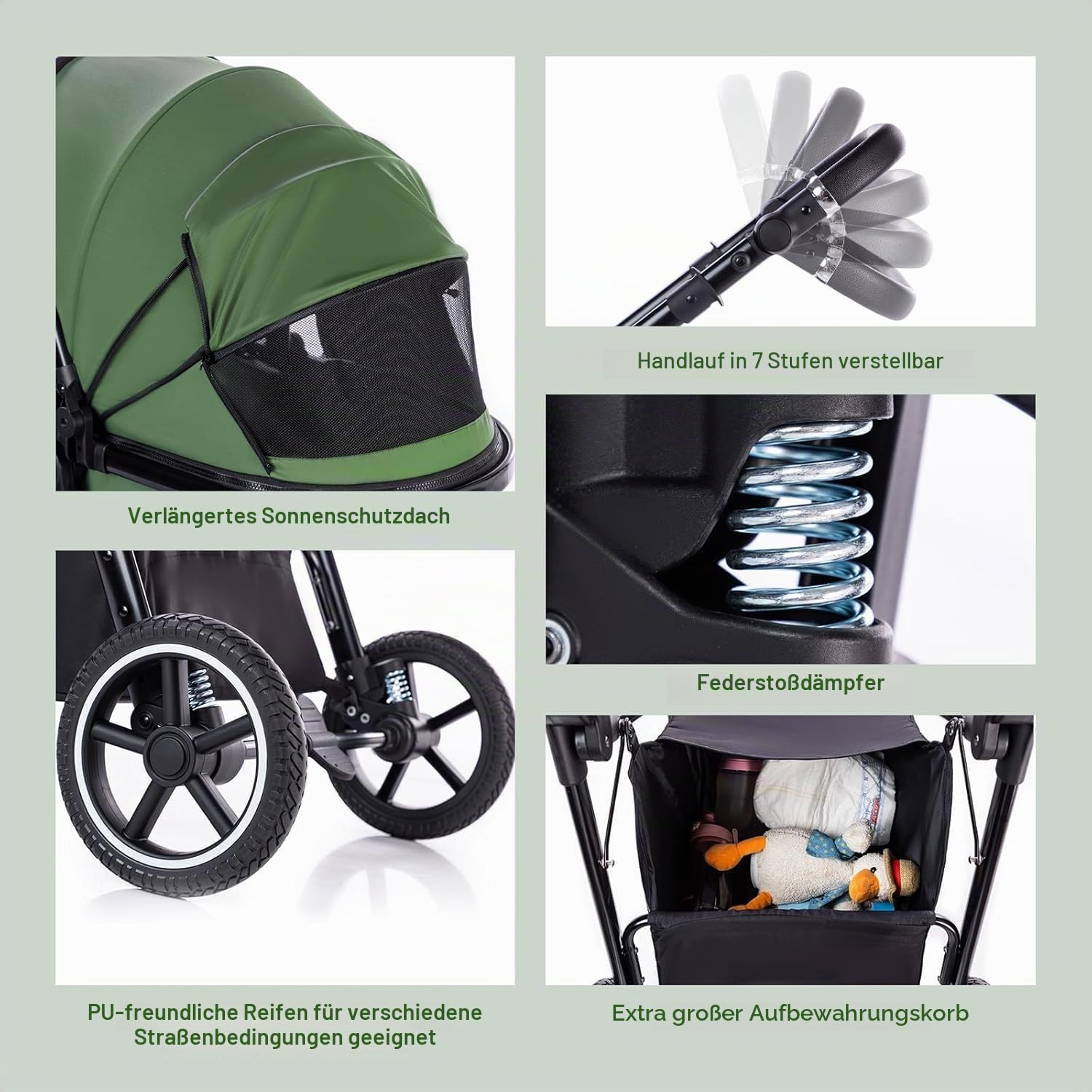 Gcarebb 3 in 1 Kinderwagen Reisesystem, Buggy mit höhenverstellbarem Griff, Reisewagen mit Regenschutz, Baby-Kinderwagen mit Aluminiumrahmen für Neugeborene