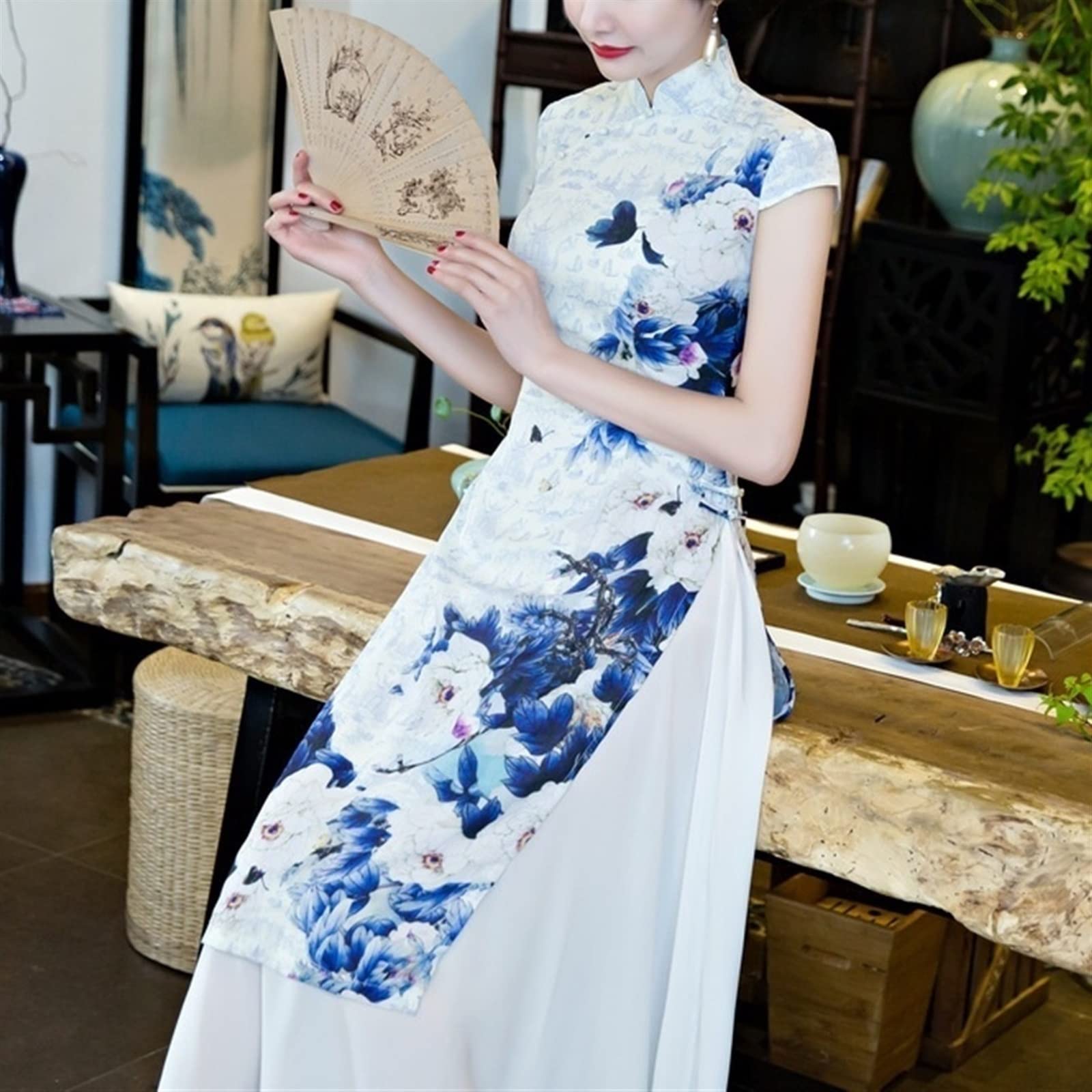 Vintage Ulepszenia Wietnamska Sukienka Ao Dai Lato Długa Podwójna Warstwa Rozcięcie Ao Dai Cheongsam Ubrania dla Mam Wybieg Qipao Poliester(3XL)