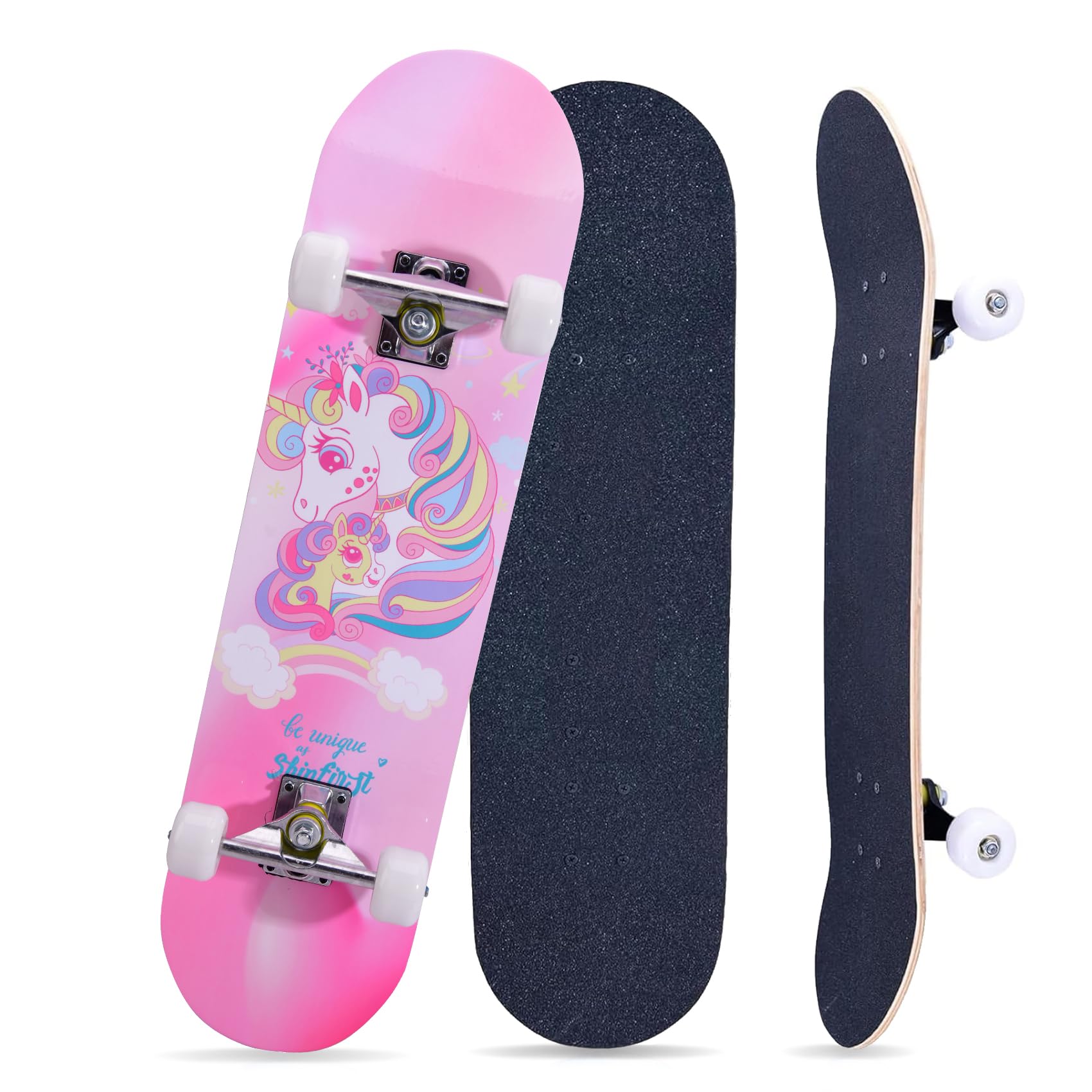 Skateboards for Beginners Kids Boys Girls Teens and Adults, 31 Inch Complete Standard Skateboards with 7-Layer Maple Double Kick Deck Unicorn and Skull Design