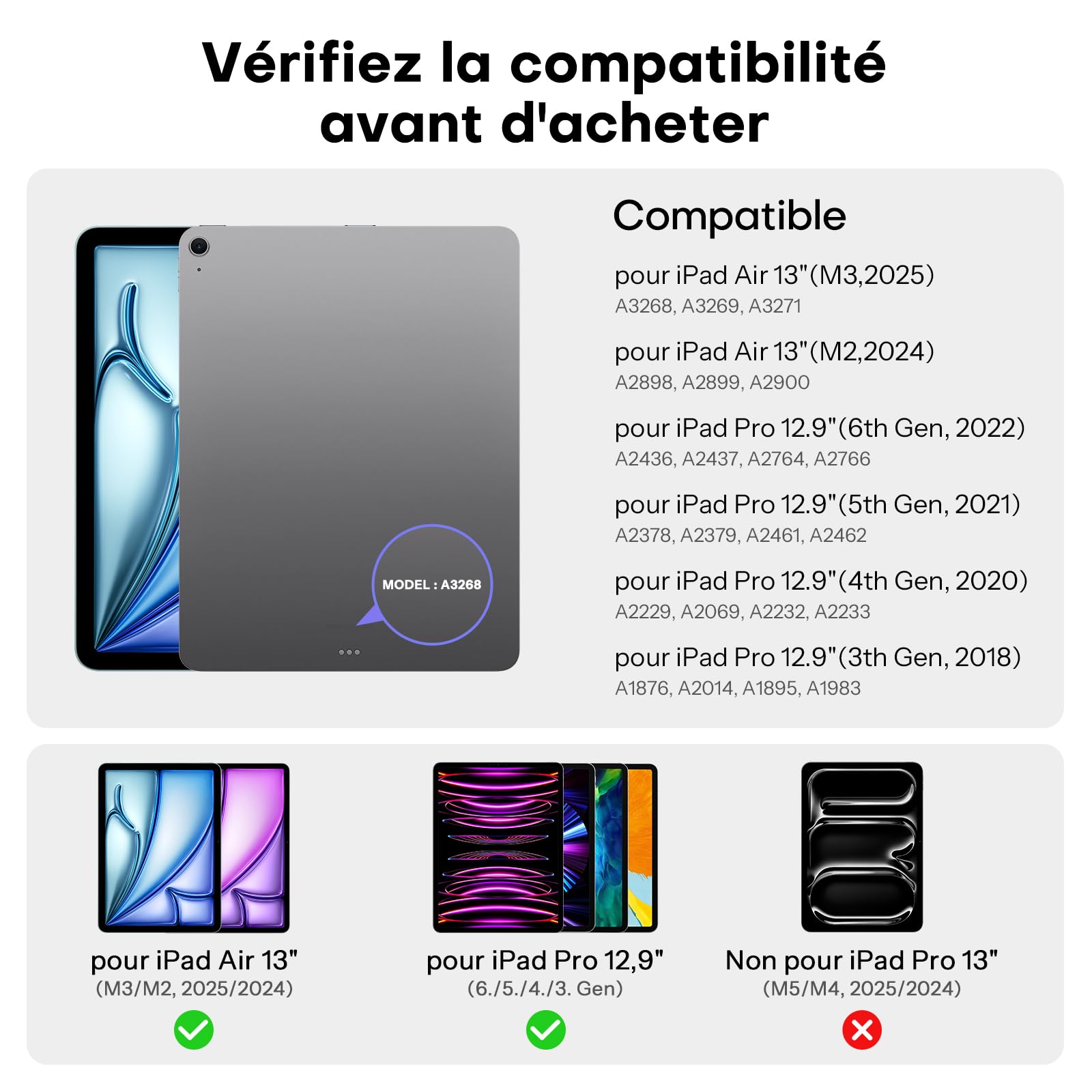 OMOTON Clavier AZERTY pour iPad Air 13 Pouces (M4/M3/M2) Magic Keyboard iPad Pro 12.9 (6/5/4/3 Gen), Pavé Tactile Intégral, Étui Clavier sans Fil magnétique Rétroéclairé, Portable, KC014