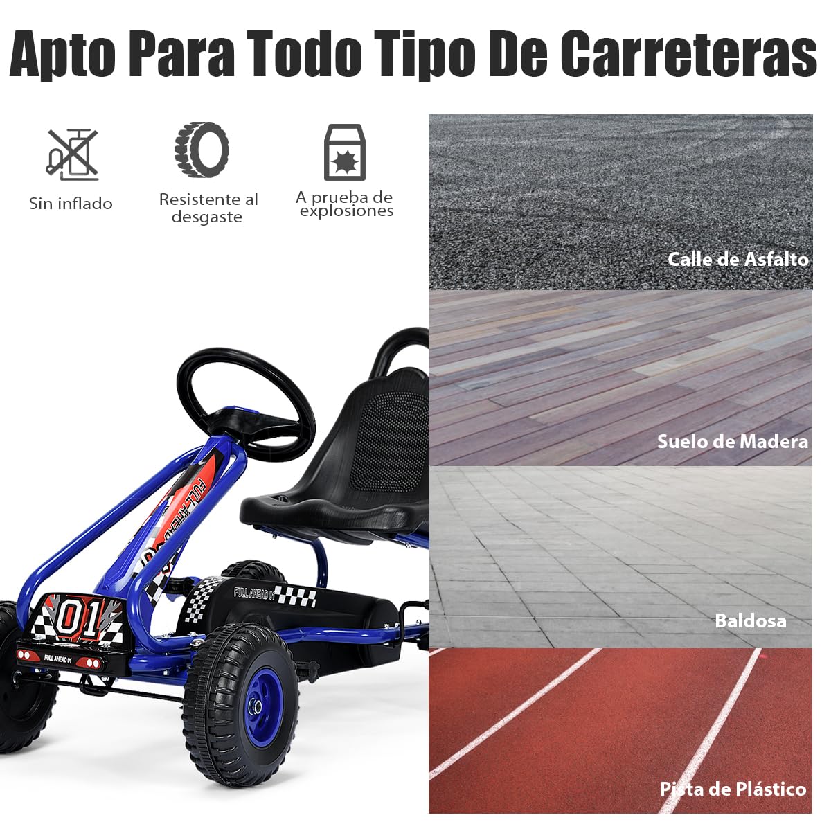 SOARS Kart Pedales para Niños de +3 Años, Kart con Asientos Regulable en 2 Posiciones y 4 Ruedas Antideslizantes, Marcha Adelante y Atrás, Kart con Freno de Mano, Carga Máxima 30kg (Azul)