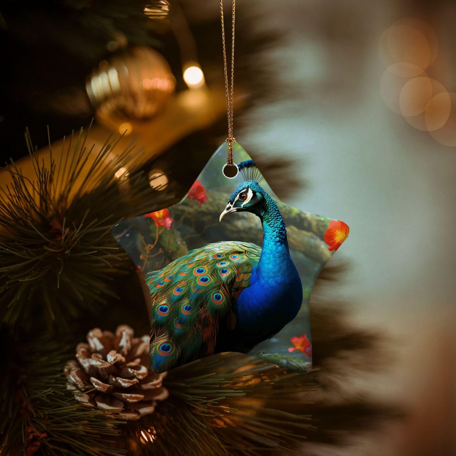 Christmas Tree Ornaments Ceramics Christmas Decorations Colorful Peacock Ornaments with Gold Ribbon Porcelain Xmas Tree Crafts Star Shape Hanging Pendant for Christmas Tree Party Decor