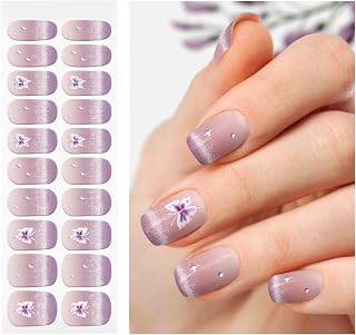 OAUEE Semi Cured Gel Nail Strips | Gel Nail Stickers with UV Light Required | Salon Quality, Easy Application and Removal(Purple Butterfly Cat's Eye)