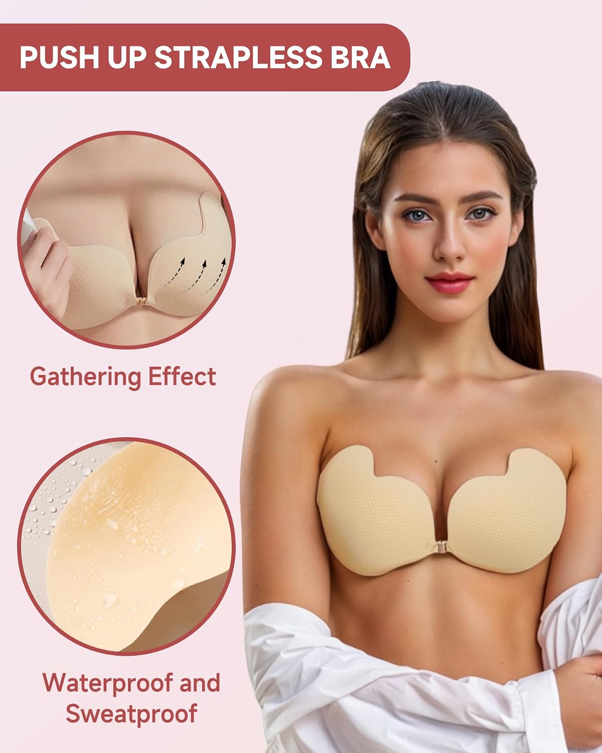 Backless Strapless Bra for Push Up, 2 Pairs Thick Padded Adhesive Invisible Sticky for Women and Wedding Dress