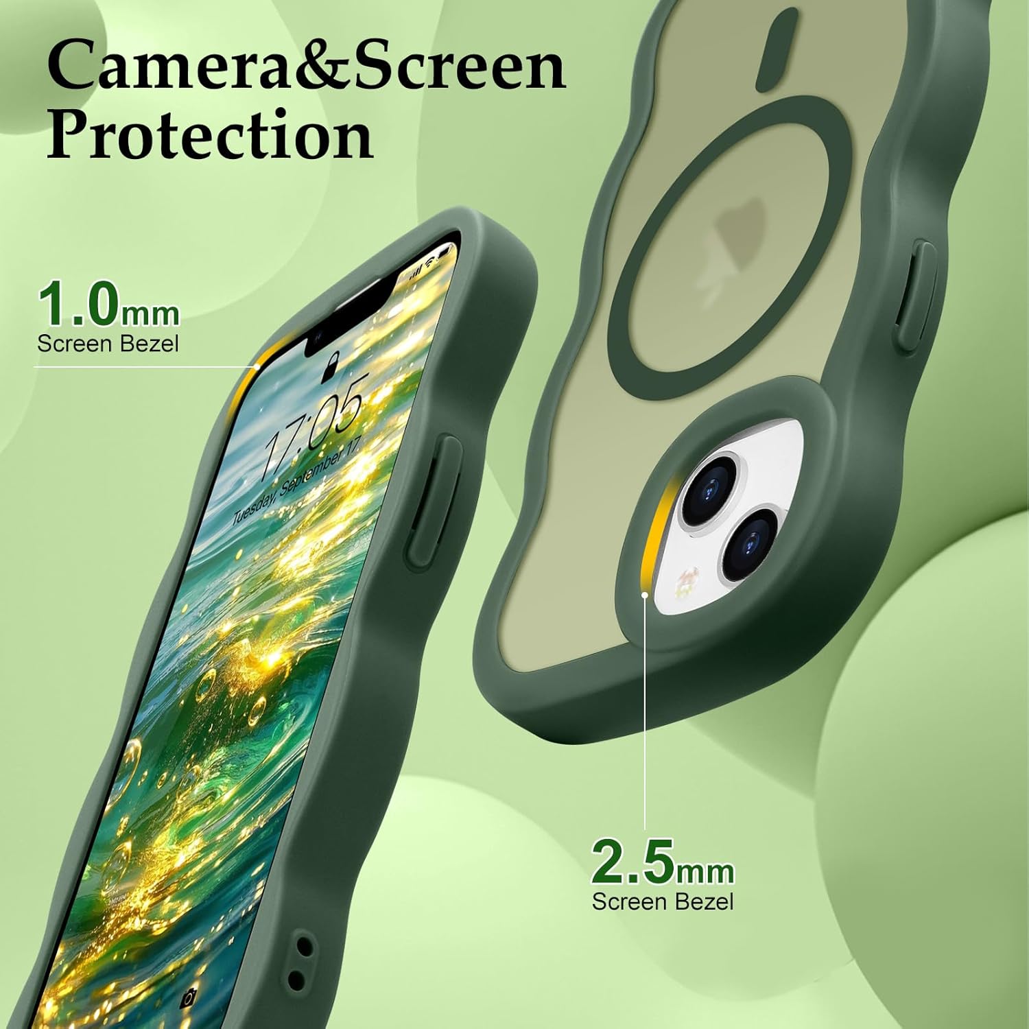for iPhone 14/15 Plus Case, Curly Wave Frame Hard Translucent Clear Cover for Women Men Compatible with Magsafe TPU Shockproof Protective Phone Case for iPhone 15/14 Plus, Green - Image 5