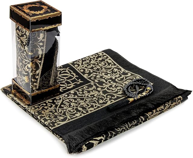Muslim Prayer Rug and Prayer Beads with Elegant Gift Box | Janamaz | Sajadah | Soft Islamic Prayer Rug | Islamic Gifts Set | Prayer Carpet Mat, Taffeta Fabric, Black