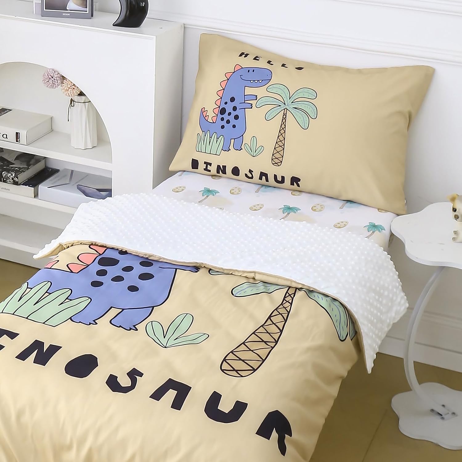 4 Piece Toddler Bedding Set - Ultra Soft Breathable Toddler Bedding Set for Boys, Includes Quilted Comforter, Flat Sheet, Fitted Sheet and Pillowcase(Dinosaur)