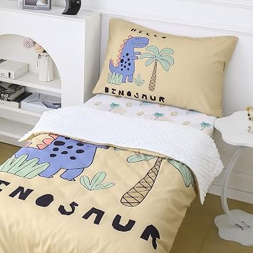 4 Piece Toddler Bedding Set - Ultra Soft Breathable Toddler Bedding Set for Boys, Includes Quilted Comforter, Flat Sheet, Fitted Sheet and PillowcaseDinosaur