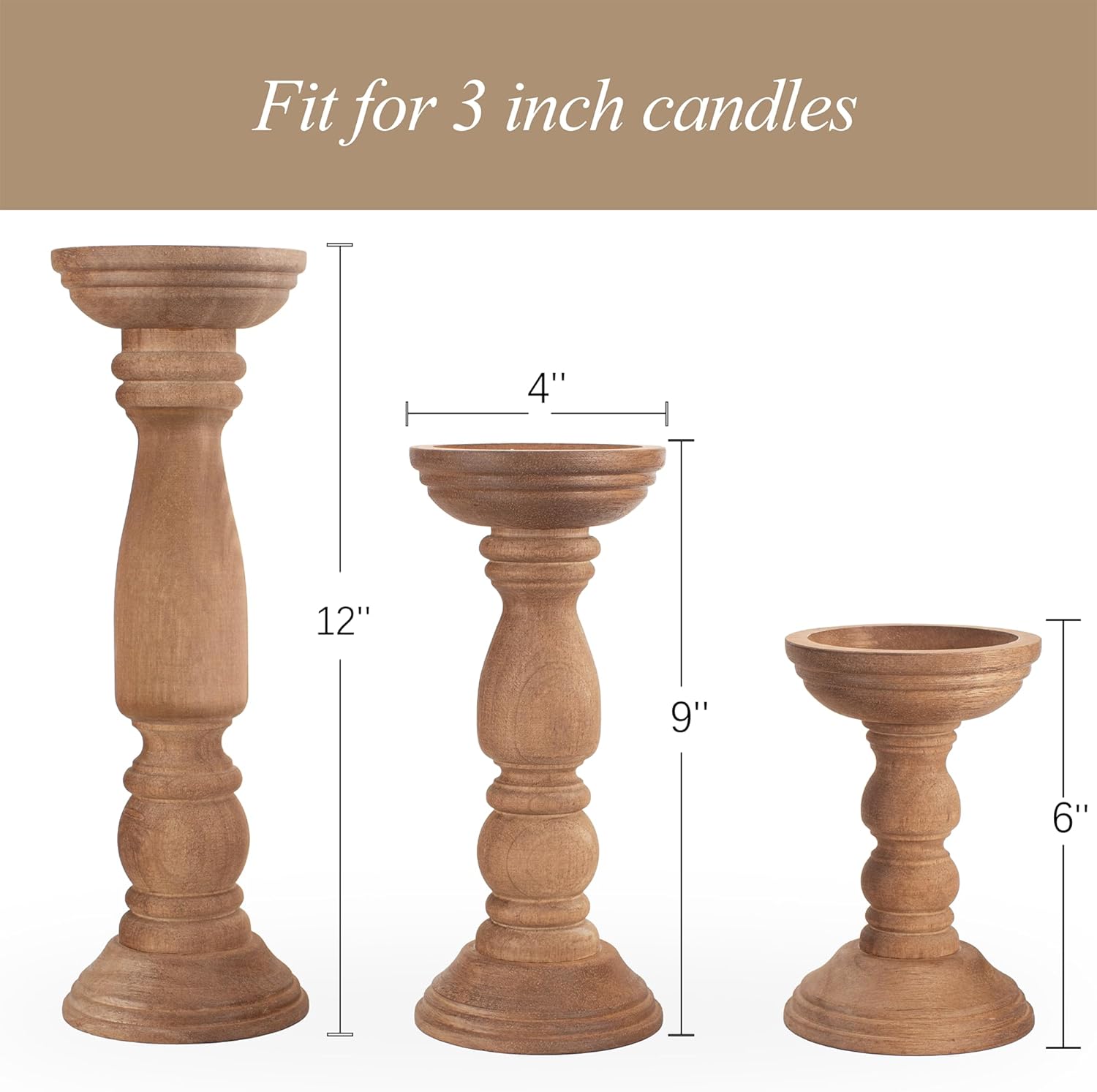 Farmhouse Wooden Candle Holders for Pillar Candles Set of 3, Rustic Wood Candle Holder Table Centerpiece Decor, 12'' 9'' 6'' Vintage Tall Candle Stand Decorative, Brown