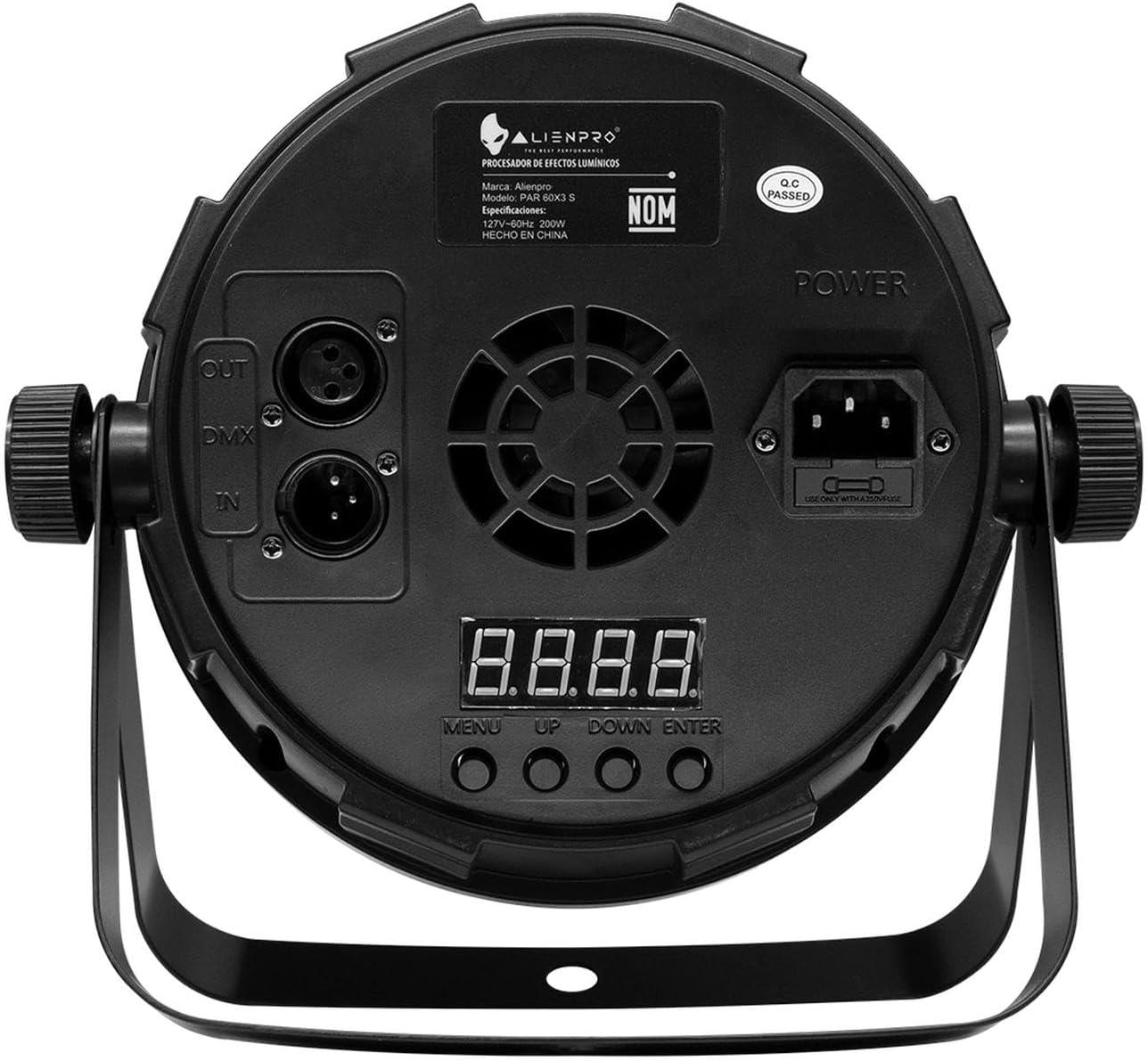 Rear view of the ALIEN PRO PAR 60X3 LED Light Cannon, showing the control panel with digital display, buttons, power input, and DMX IN/OUT ports.