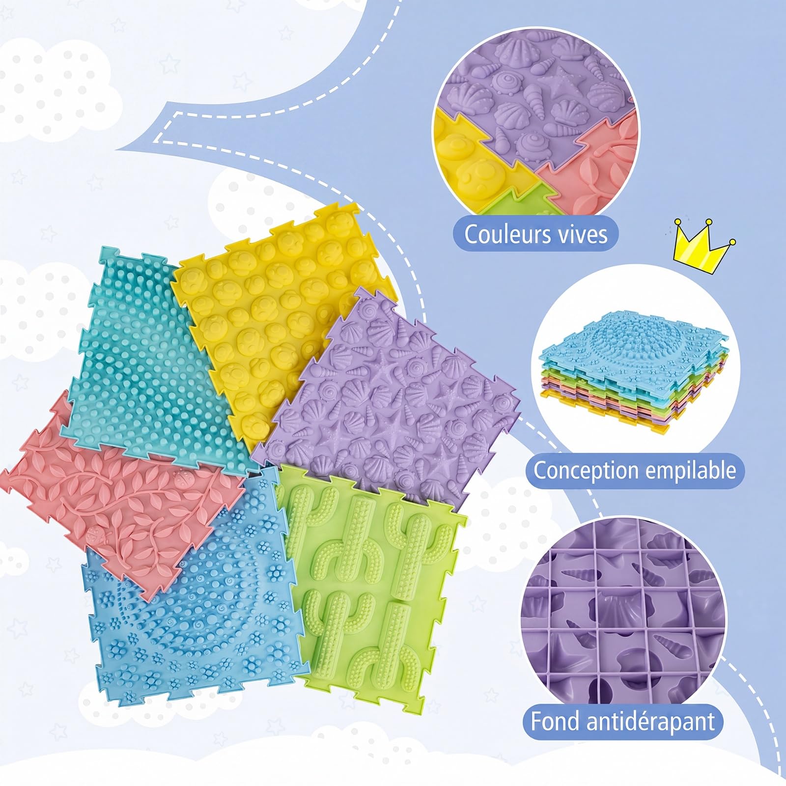 COSTWAY 6 Pièces Dalles Sensorielles Montessori Bébé en TPE (Macaron) | Éveil Sensoriel et Développement de la Motricité, Design Empilable et Antidérapante, Tapis Sensoriel Orthopédique, 30x30cm