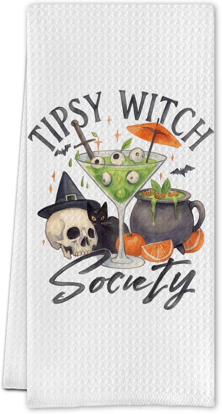 Halloween Witchy Martini Kitchen Towels, Gifts for Martini Lovers Dish Tea Towels, Halloween Skull Black Cat Cocktail Decorative Hand Towel for Kitchen Bar Cart, 16x24 Inch