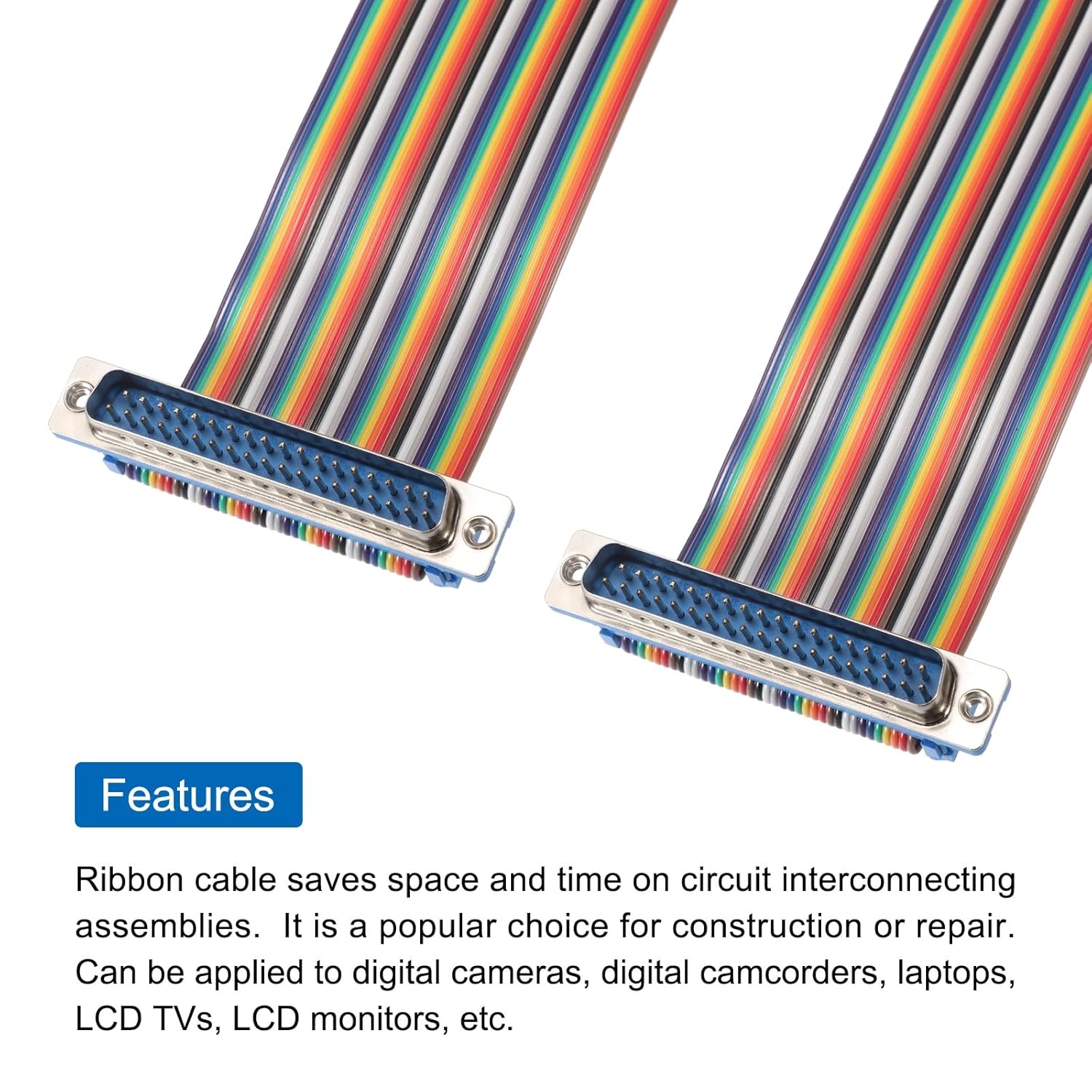 MECCANIXITY 2 Pcs IDC Rainbow Wire Flat Ribbon Cable DB37 Male to DB37 Male 19.7 Inch Length 2.54mm Pitch Breadboard Jumper Wires for Electronic Projects