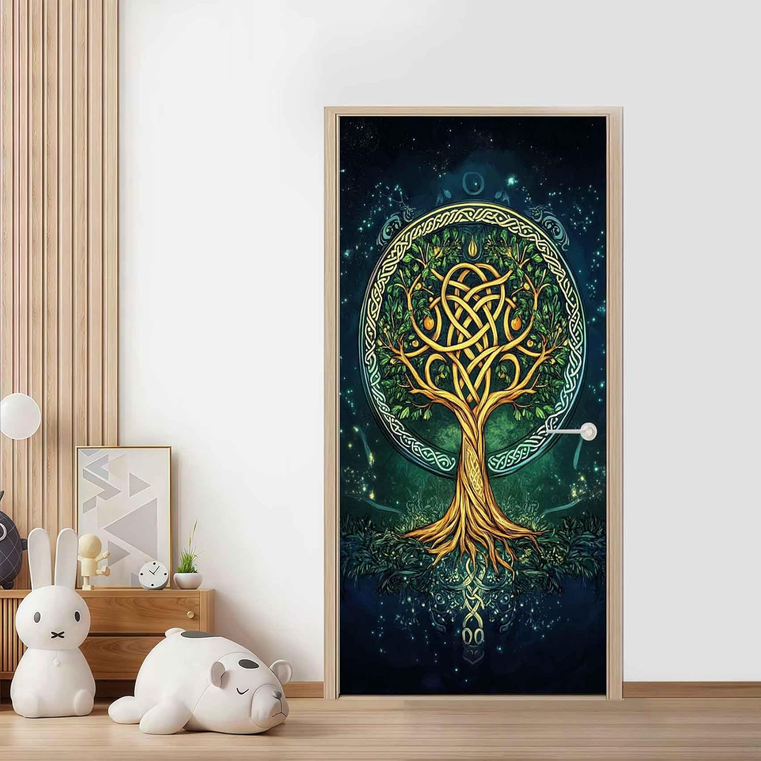 Celtic Tree of Life Door Sticker Norse Mythology Door Wallpaper Self-Adhesive 32"x80" Celtic Knot Murals 3D Peel and Stick PVC Removable Vinyl Decals for Bedroom Home Decor