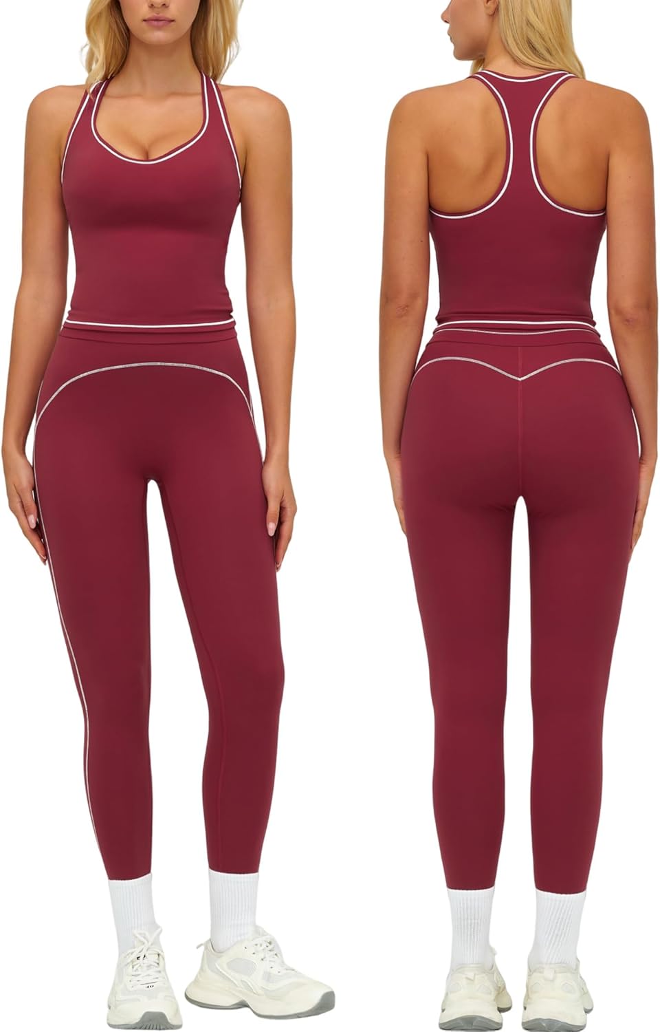 Womens Workout Set Two Piece Racerback Color Block Tank Top Matching High Waist Leggings Gym Pilates Outfits