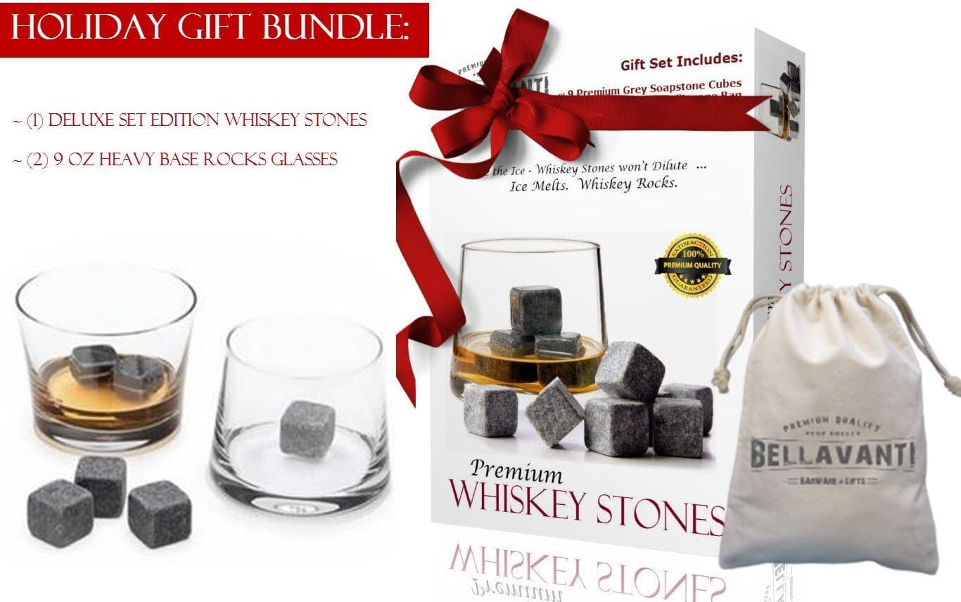 GIFT BUNDLE - THE Best Whiskey Stones Gift Set For Iceless Chill For Your Drink without Diluting or Watering Down - 9 Scotch Chilling Rocks & 2 Tumbler Glasses - Soapstone Sipping Cubes