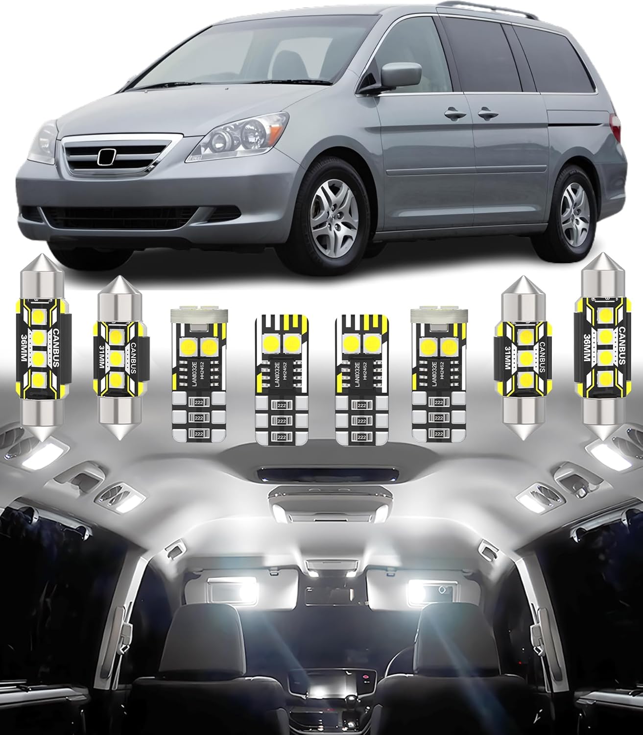 BMT xms Car Interior LED Light Replacement for Honda Odyssey 2005-2010,6000K Super Bright Interior Light Bulbs Package, 14pcs
