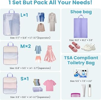 Cambond 6 Set See Through Mesh Compression Packing Cubes Purple Bundle with 4 Set See Through Compression Packng Cubes Purple