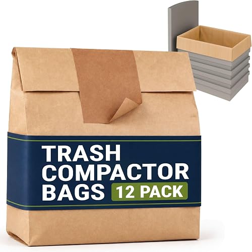 Trash Compactor Bags for Kitchen (12-Pack), Pre-Cuffed Heavy Duty Kraft Paper Compactor Bags with PE Liner, Includes Sticker Seals
