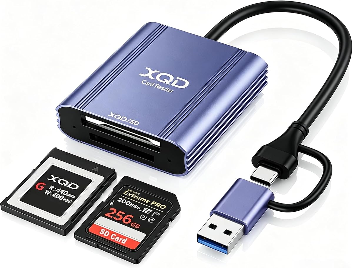 XQD Card Reader - Aluminum 2 in 1 XQD/SD Memory Card Adapter for iPhone 17/16/15 Windows Mac OS Android, 5Gpbs USB 3.0 XQD Reader Support Sony G/M Series, Lexar 2933x/1400x USB Mark XQD Card