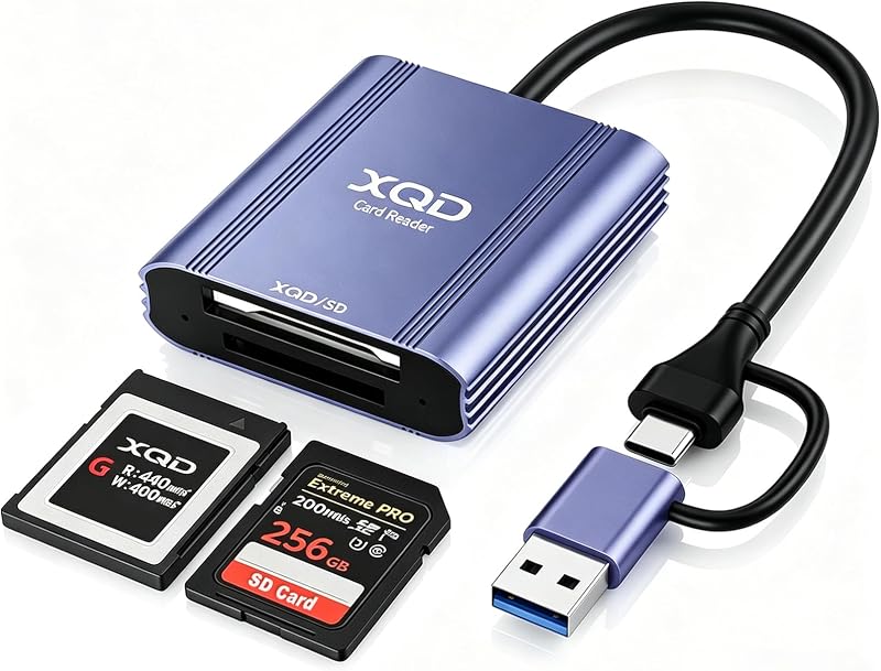 XQD Card Reader - Aluminum 2 in 1 XQD/SD Memory Card Adapter for iPhone 17/16/15 Windows Mac OS Android, 5Gpbs USB 3.0 XQD Reader Support Sony G/M Series, Lexar 2933x/1400x USB Mark XQD Card