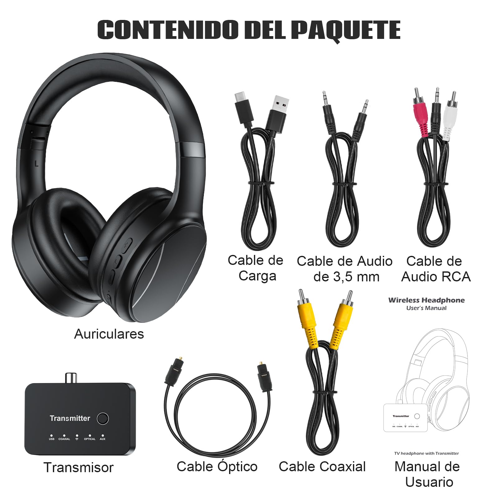 Auriculares Inalámbricos para TV, Auriculares Bluetooth y 2.4G de Modo Dual con Caja Transmisora, 5 Preajustes de Ecualizador con Diálogo Claro, Cascos para TV o Viajar, Negro