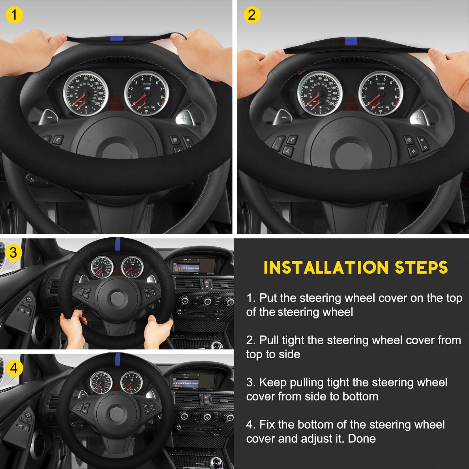 Suede Steering Wheel Cover with Upgraded Silicone Inner Ring, Breathable, Anti-Slip, Leather Universal 14.5 to 15 Inch Steering Wheel Cover (Black with Blue Mark)