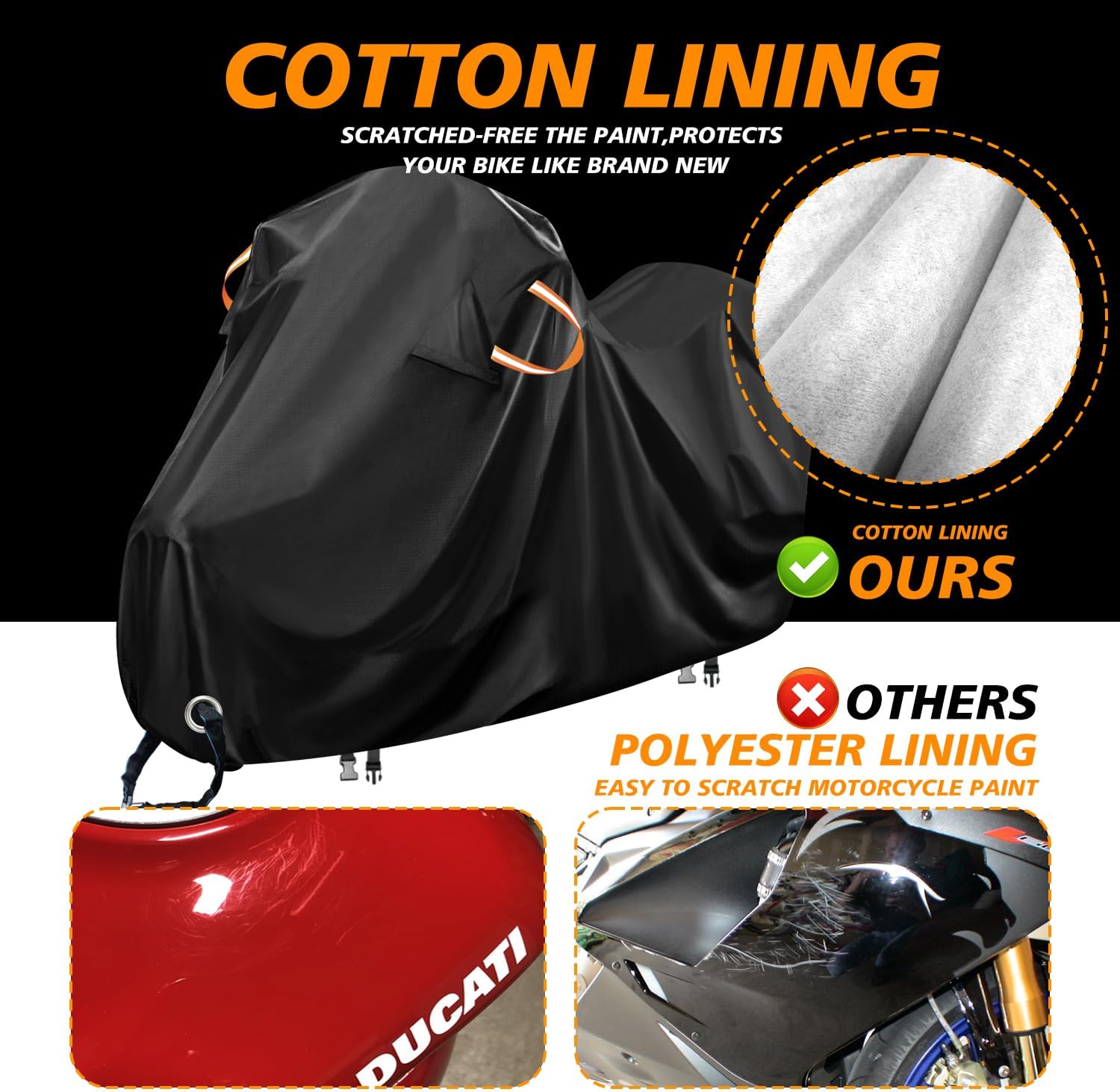 Motorcycle Cover Waterproof Outdoor,Heavy Duty Polyester Fabric with Cotton Fleece Lining Bike Covers,Scratch-Proof and Weatherproof,Anti-UV,with Air Vent,Lock Hole,116x43x55-ClawsCover