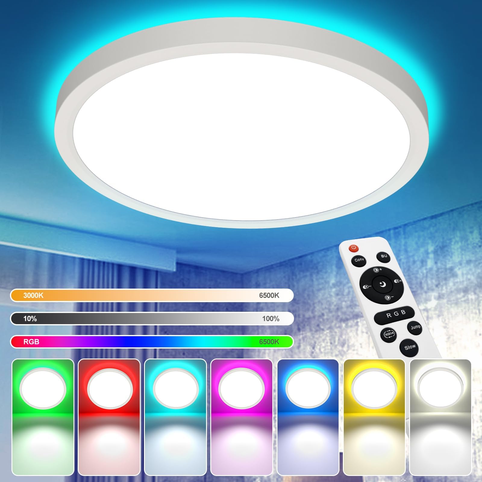 Plafonnier LED 24W RGB Dimmable Avec Télécommande – 2700LM – 3000K-6500K – IP44 Étanche – Rond 30 Cm – Pour Salon, Chambre, Salle De Bain