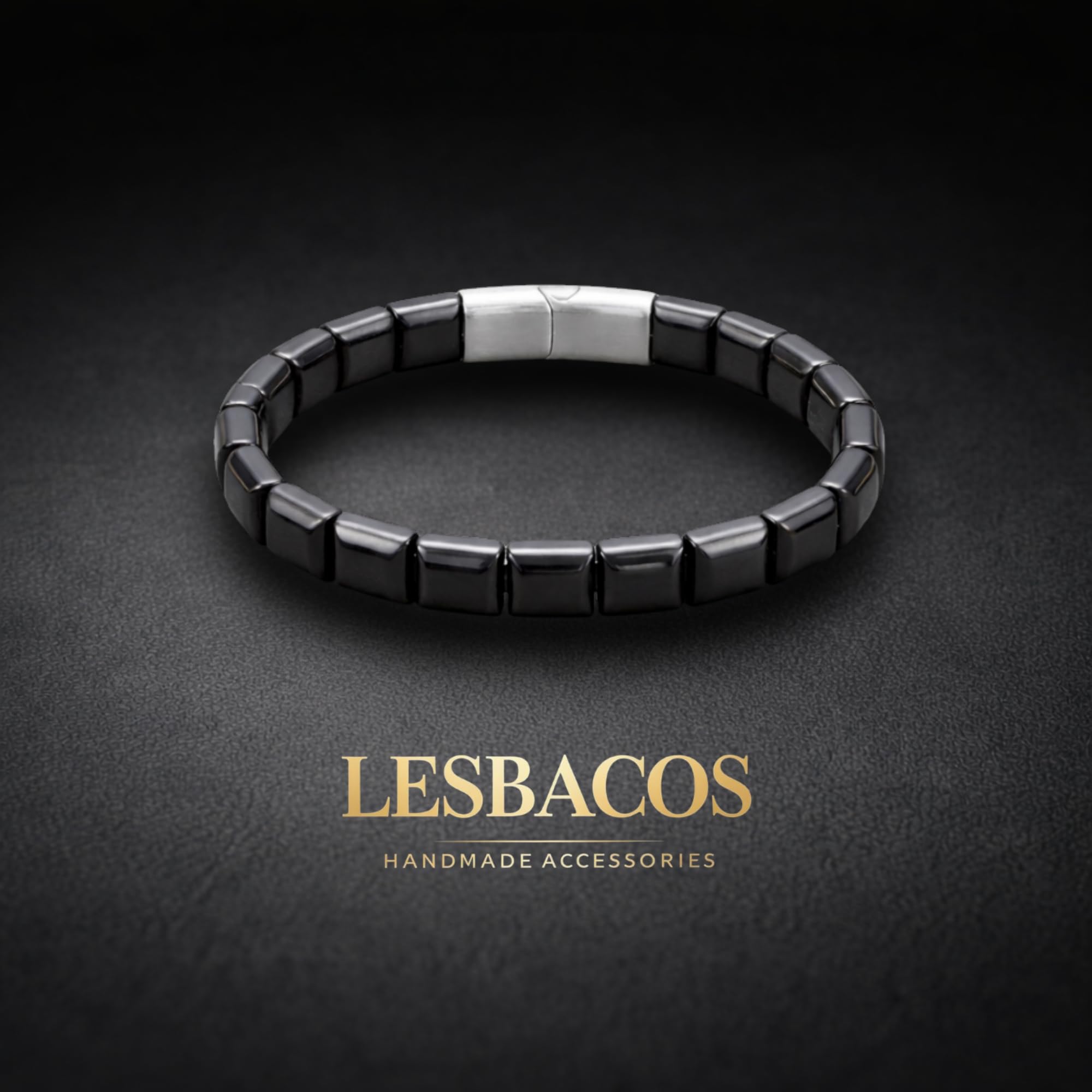 Bracelet Hématite Homme - Bracelet en Pierre Naturelle Véritable, Perles Rectangles avec Fermoir Aimanté Haute Qualité et Pochette en Velours, LesBacos