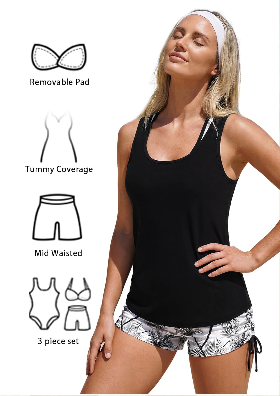 Modlily Classic 3 Piece Tankini Swimsuits for Women, Solid Tank Top & Plants Print Sports Bra with Drawstring Board Shorts - Image 6