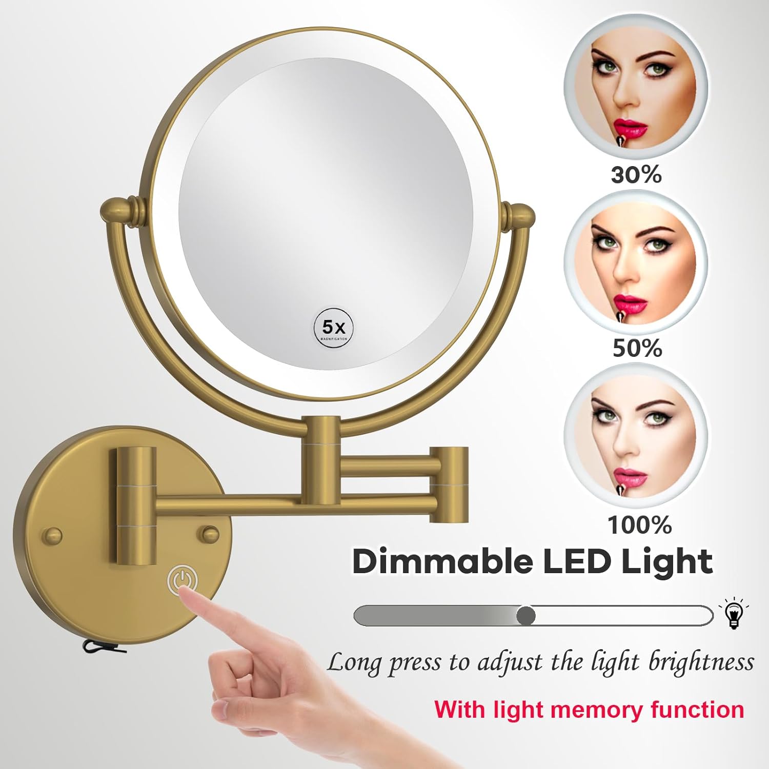 Wall Mounted Lighted Makeup Mirror with Magnification 5X, Rechargeable Bathroom Magnifying Shaving Cosmetic Mirror with Extension Swing Arm, Touch Stepless Dimming, Brushed Moderne Brass